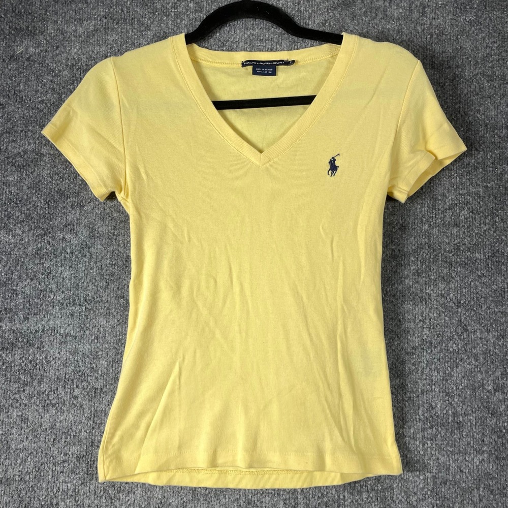 Ralph Lauren Sport T Shirt Womens Small Yellow Y2K Baby Doll Y2K Slim V Neck Top